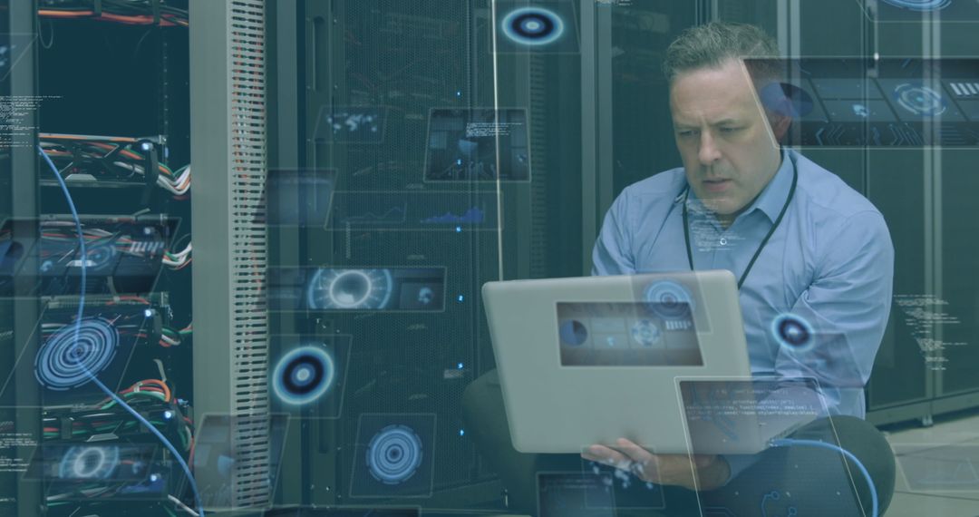 Caucasian IT Technician Analyzing Data in Server Room