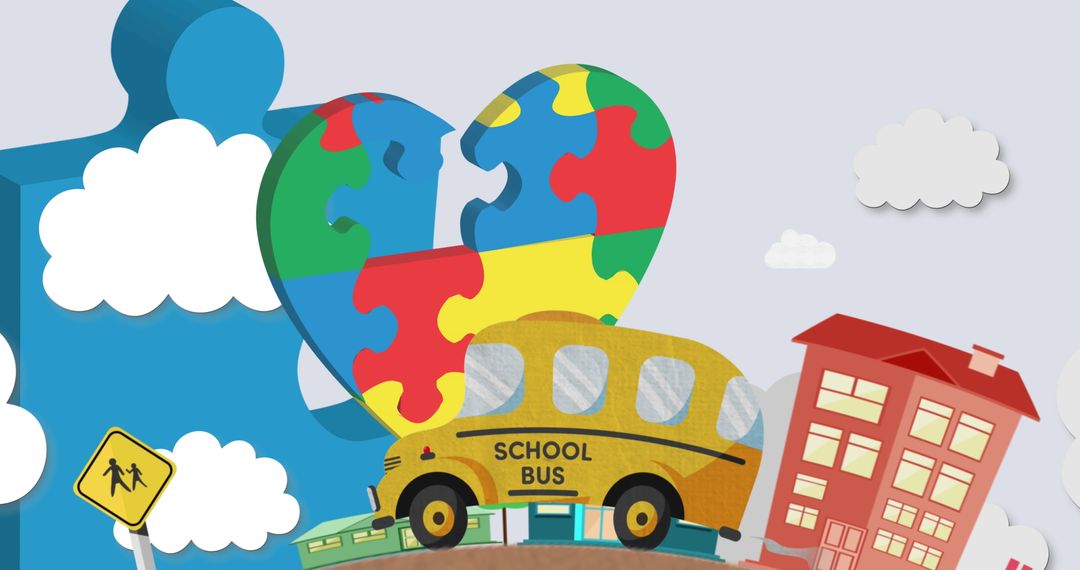 Colorful Puzzle Heart with School Bus Symbolizing Education Support
