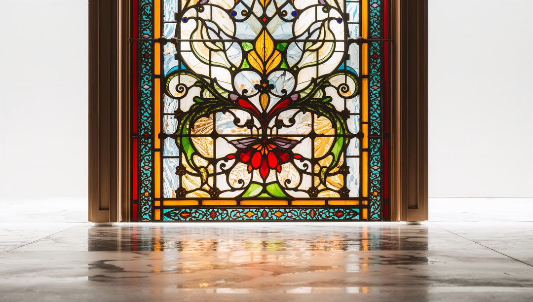 Ornate Stained Glass Panel Reflecting on Marble Floor