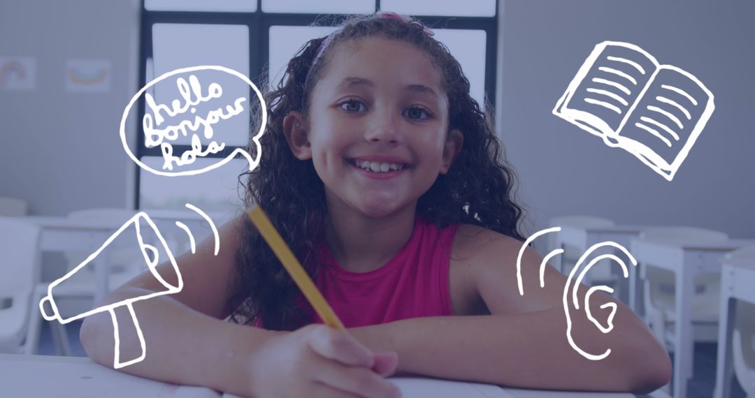Smiling Biracial Schoolgirl Learning with Language and Communication Icons