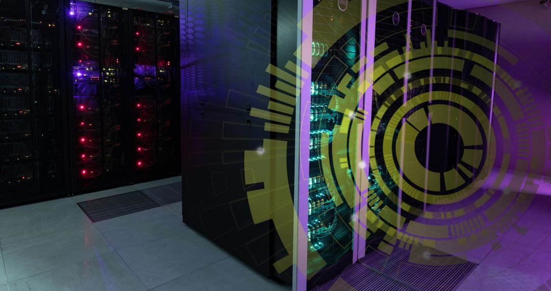Data Center Server Room with Futuristic Digital Interface