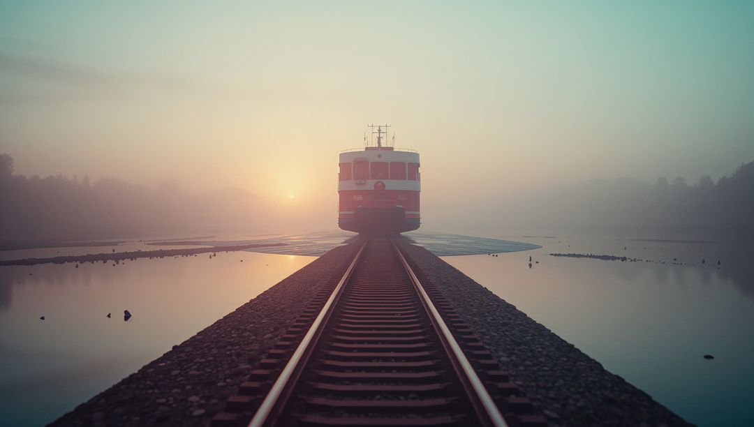 Mystical Tram Journey on Serene Misty Lake at Sunrise