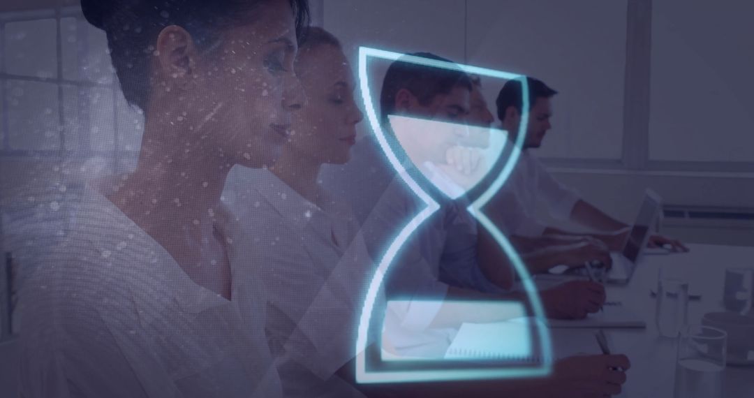 Office Employees Practicing Mindfulness with Neon Hourglass Overlay