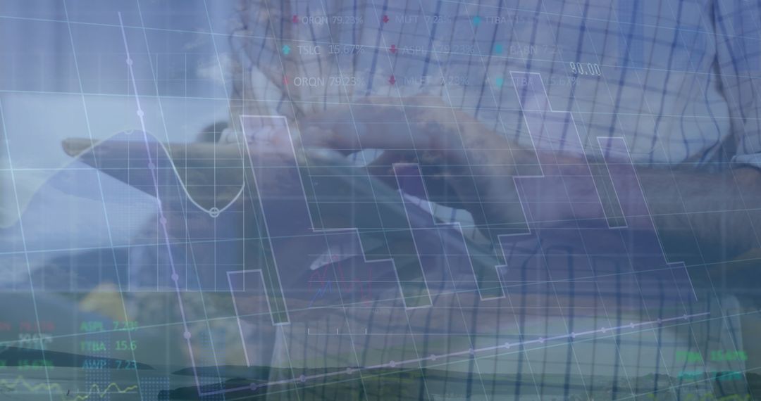 Business Professional Utilizing Tablet with Financial Analytics Overlay