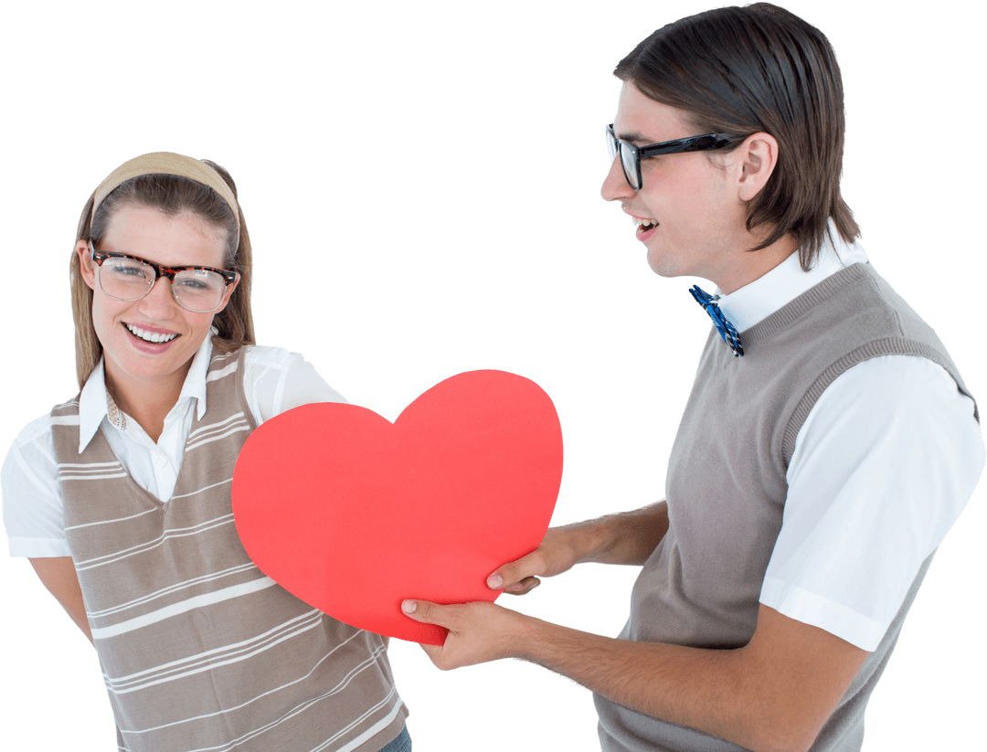 Geeky Couple with Red Love Heart on Transparent Background