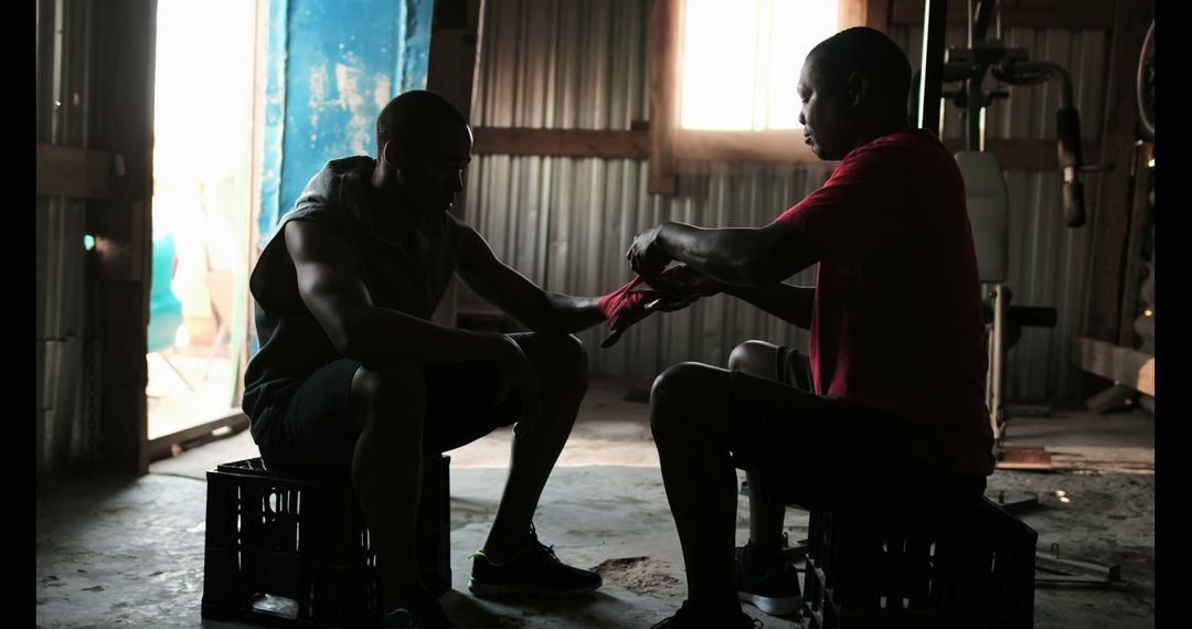 Boxer with Trainer Wearing Hand Wraps in Dimly Lit Gym