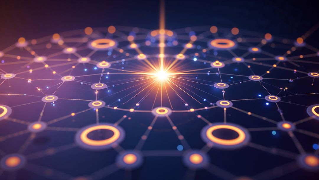 Glowing Digital Network with Central Hub on Dark Grid