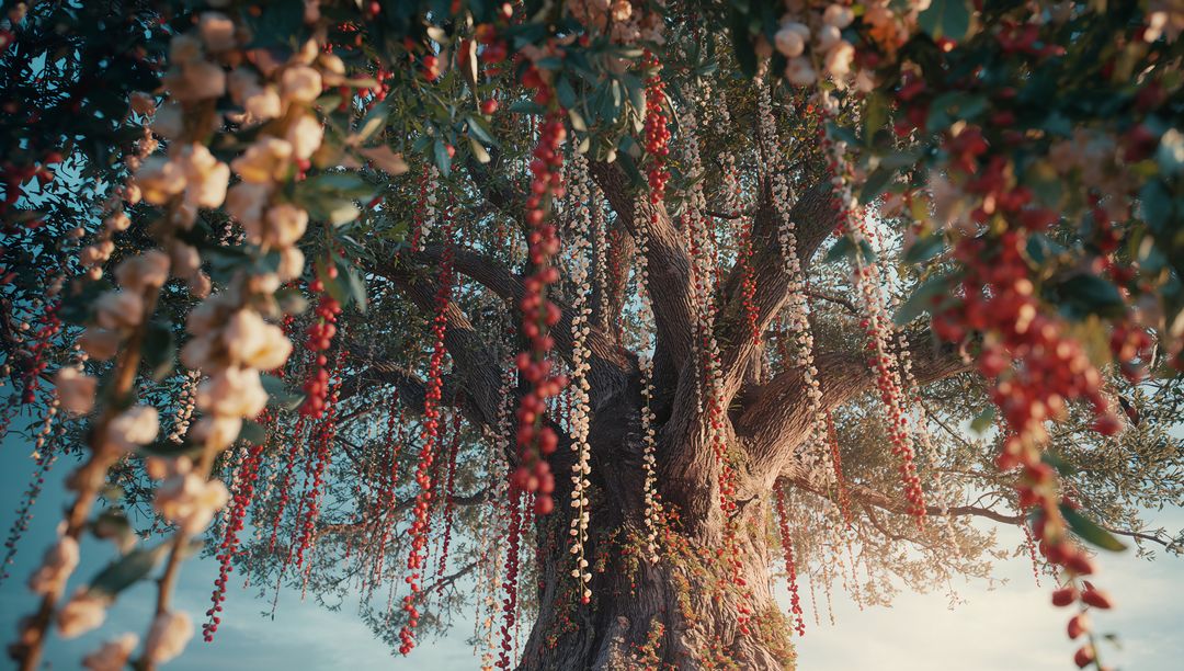 Majestic Tree Adorned with Vivid Hanging Berries in Serene Forest