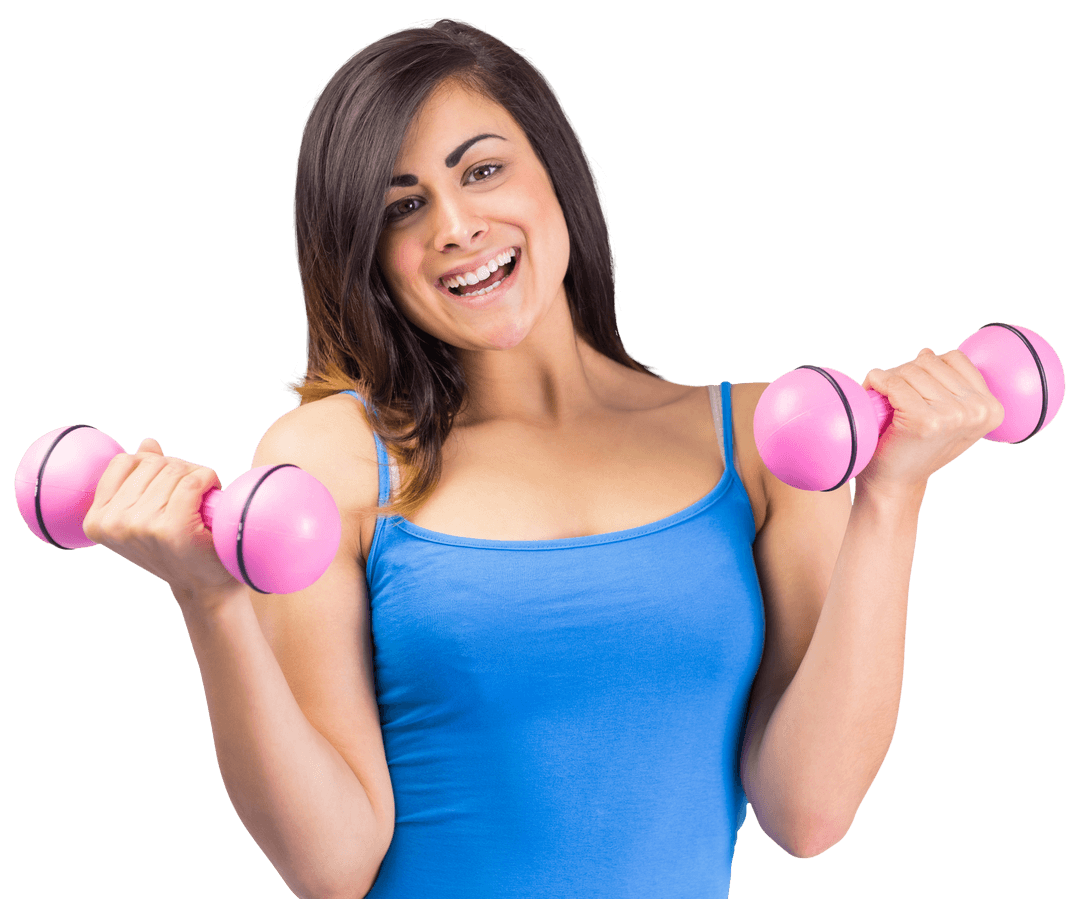 Smiling Woman Holding Pink Dumbbells on Transparent Background