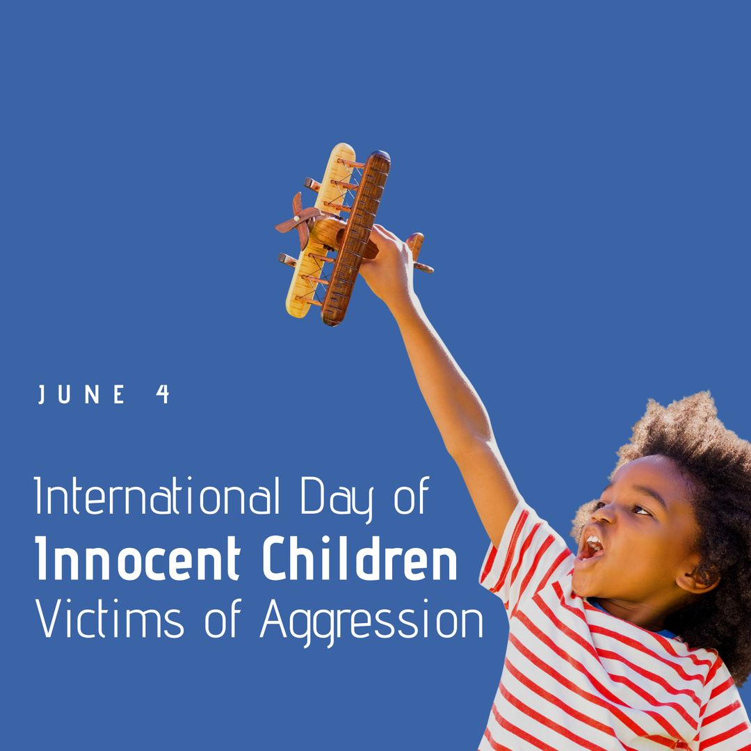 African American Boy Joyfully Playing with Toy Plane Against Blue Sky