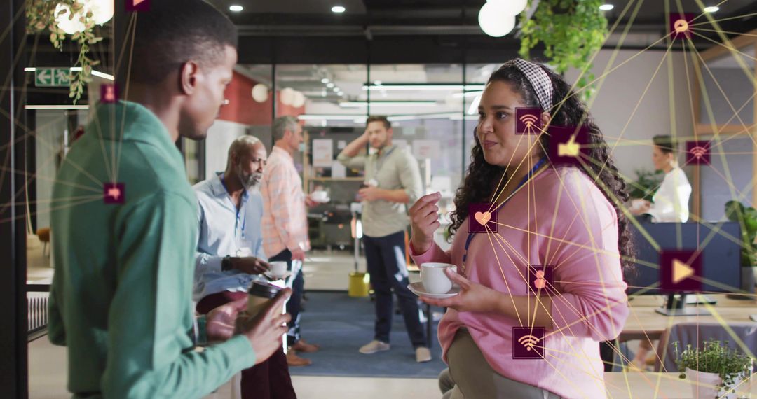 Modern office networking and casual collaboration in coworking lounge with diverse team