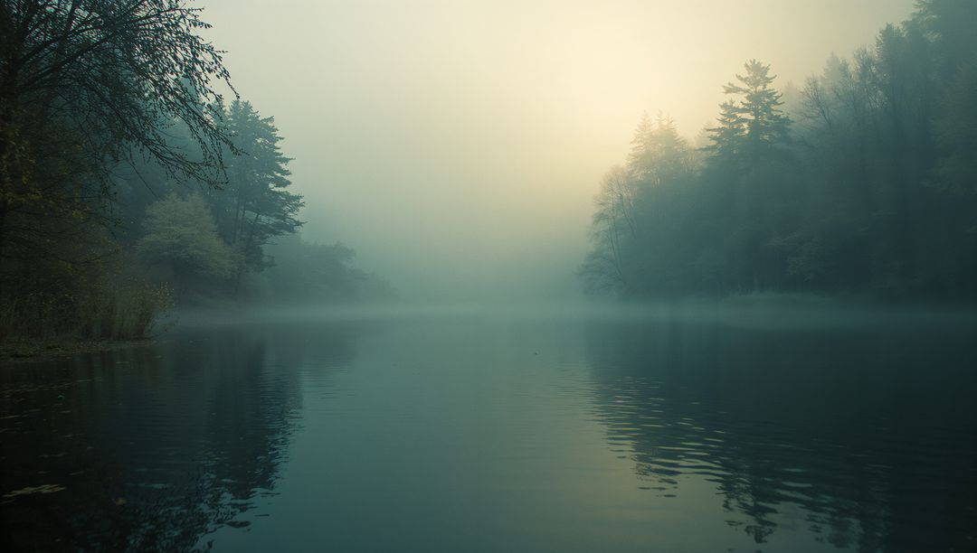 Misty Lake at Dawn with Reflecting Conifers