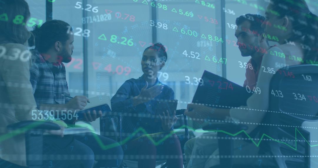 Team Collaborating with Financial Data Projection Overlay