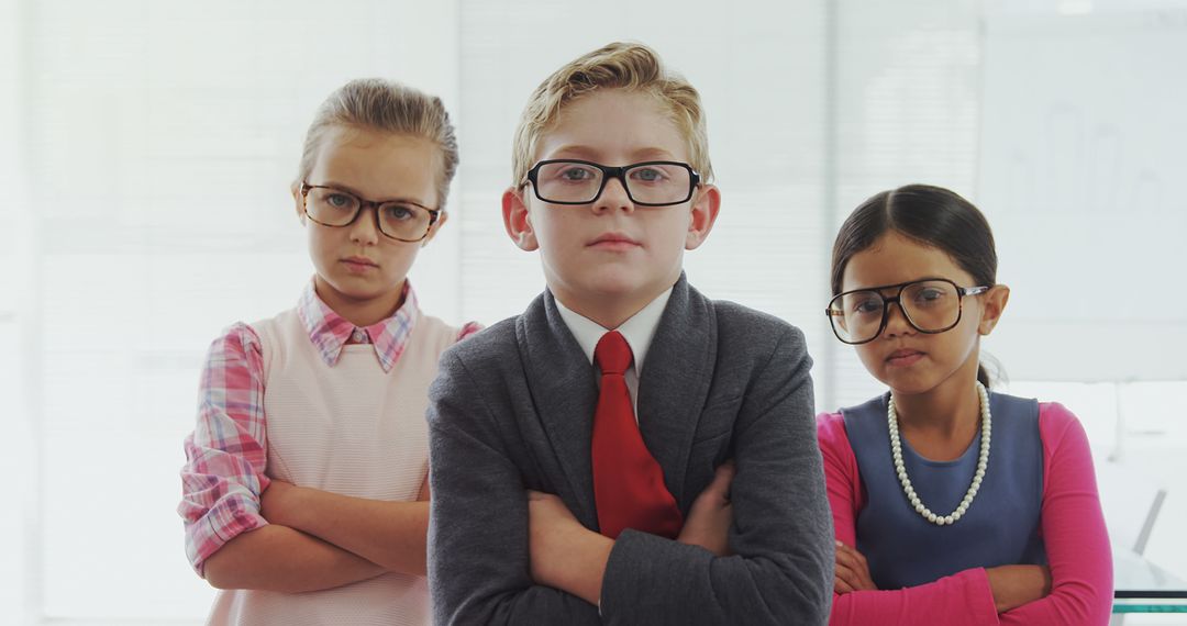 Ambitious Children Dressed as Professionals with Glasses and Crossed Arms - Free Images, Stock Photos and Pictures on Pikwizard.com