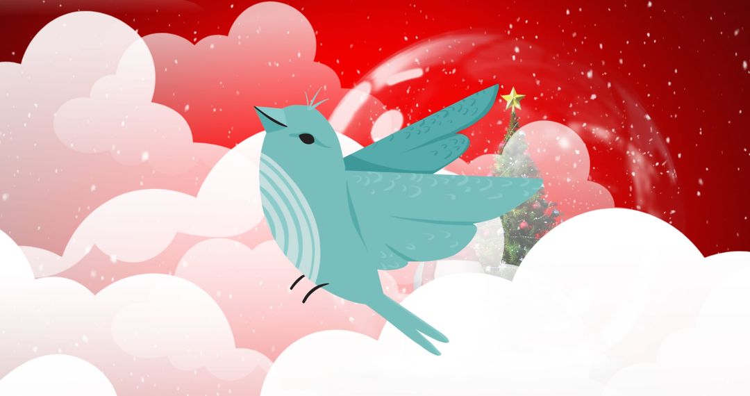 Whimsical bird flying through holiday-themed cloudscape