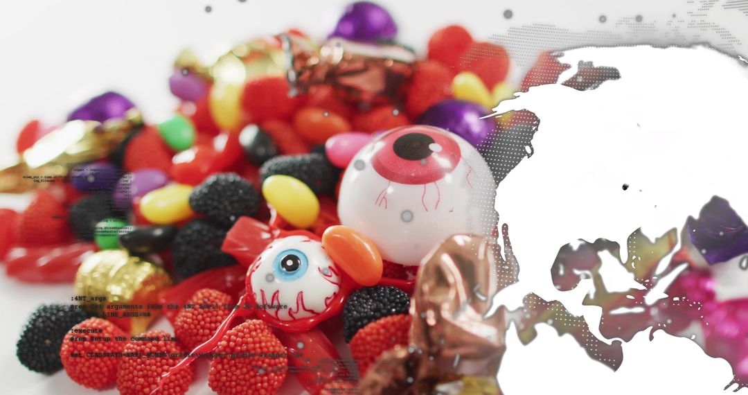 Colorful Halloween candy flatlay featuring glossy novelty eyeballs, sweets, halftone map