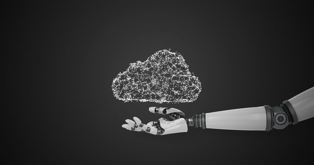 Robotic Hand Displaying Digital Cloud and Network Connections