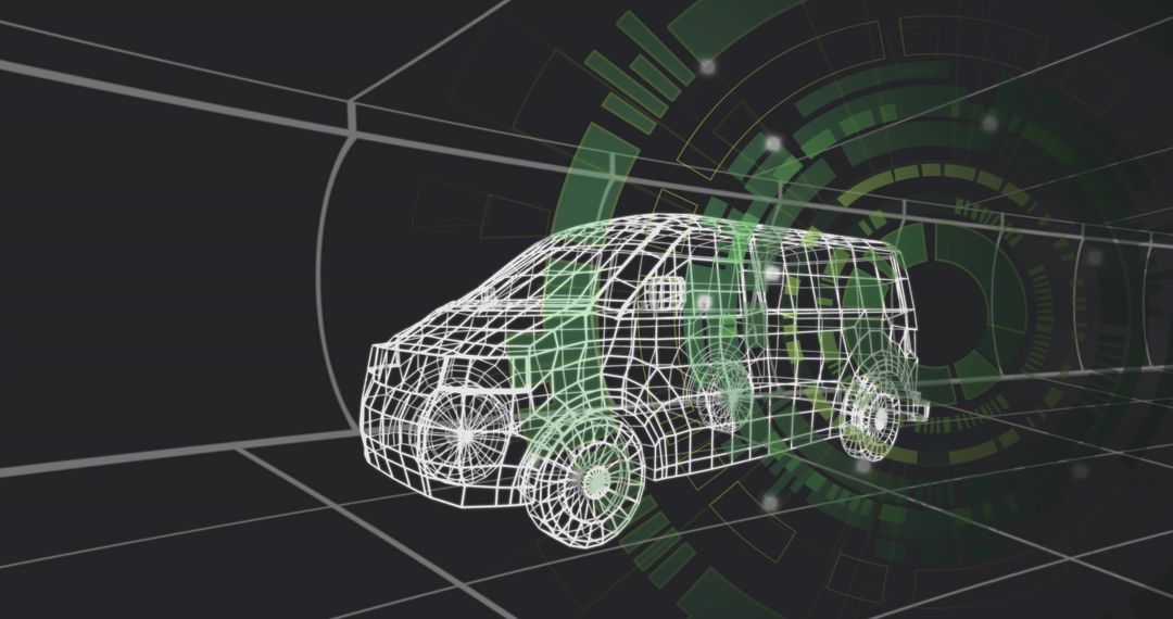 3D Wireframe Van with Green HUD Overlay and Converging Grid Floor Virtual Design Concept