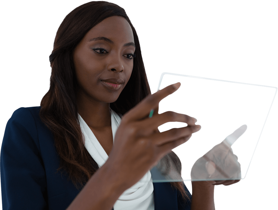 Transparent Interface Technology Used by Businesswoman in Office Setting