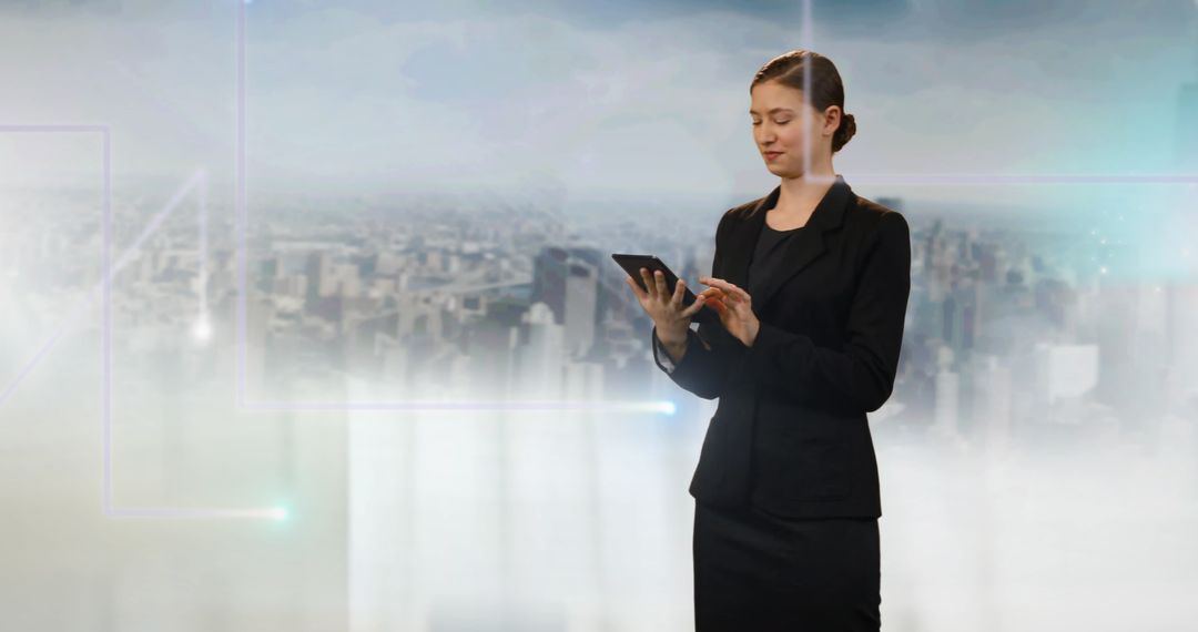Businesswoman Engaging with Digital Network on Smartphone in Cityscape
