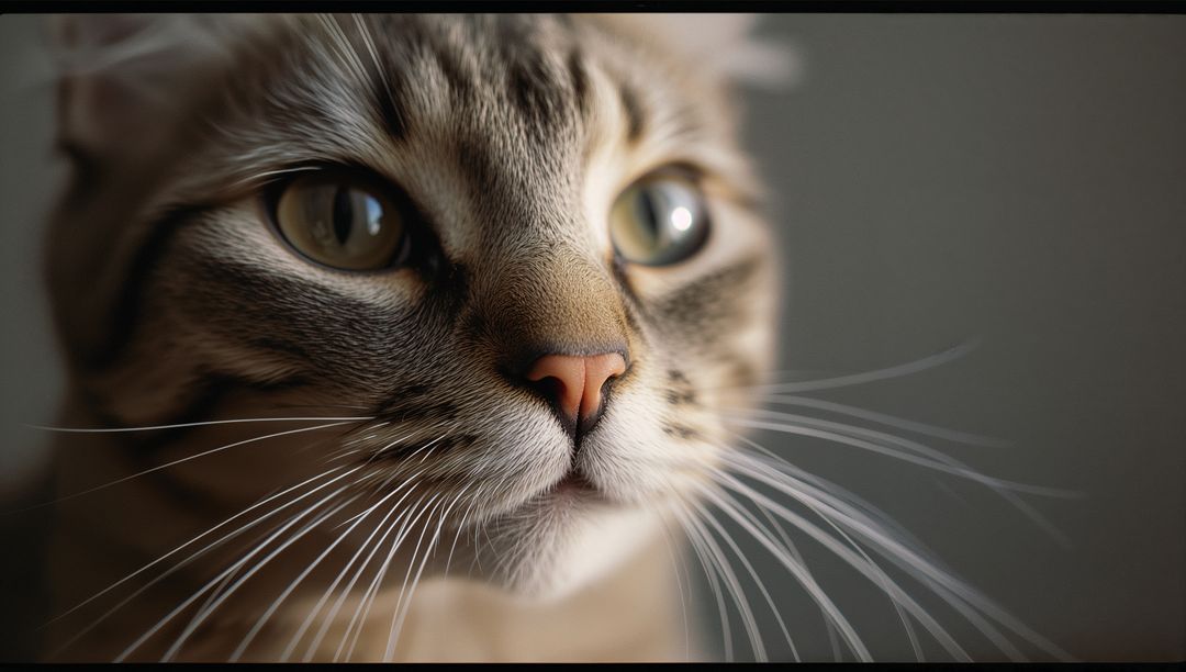 Staring tabby cat turning head slightly right closeup showing long whiskers green eyes