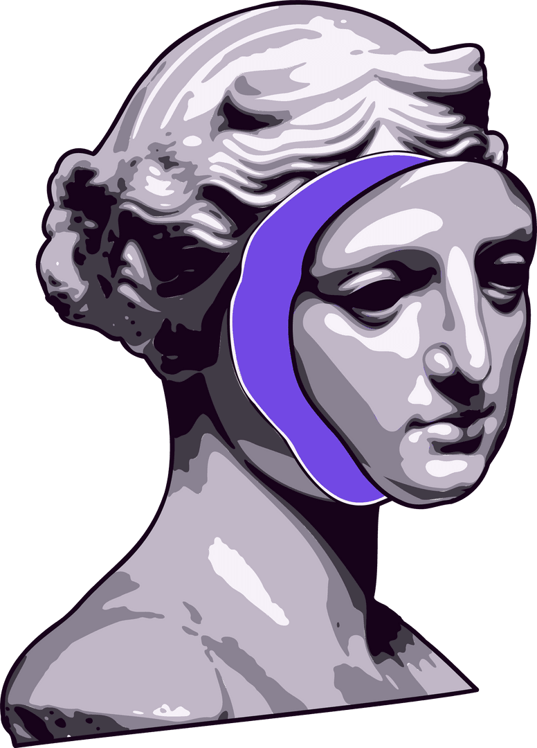 Modern Classical Marble Bust with Vibrant Purple Crescent on Transparent Background