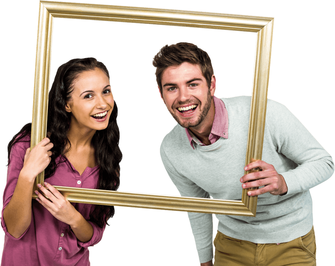Smiling Couple Holding Transparent Frame Together