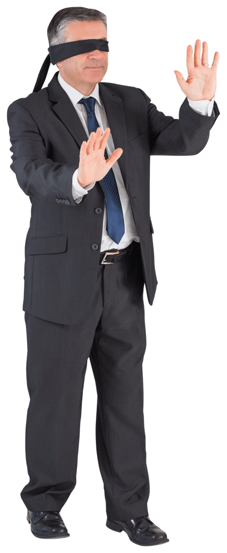 Blindfolded Mature Businessman Navigating Transparency Challenge