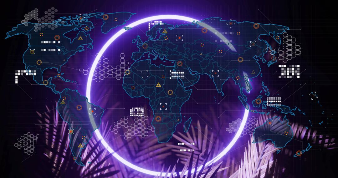 Violet neon ring encircling holographic world map with data nodes and palm silhouettes