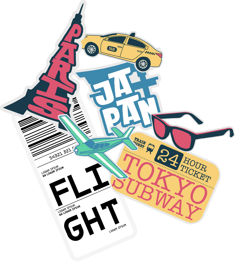 Vibrant Travel Sticker Collage on Transparent Background