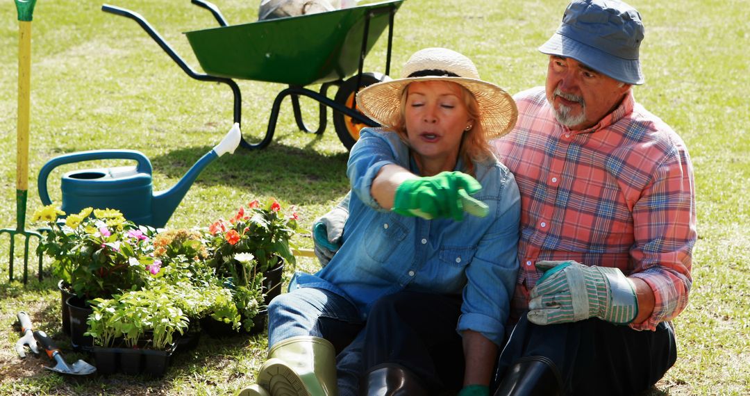 Senior Couple Enjoying Gardening with Colorful Flowers in Bright Sunlight - Free Images, Stock Photos and Pictures on Pikwizard.com