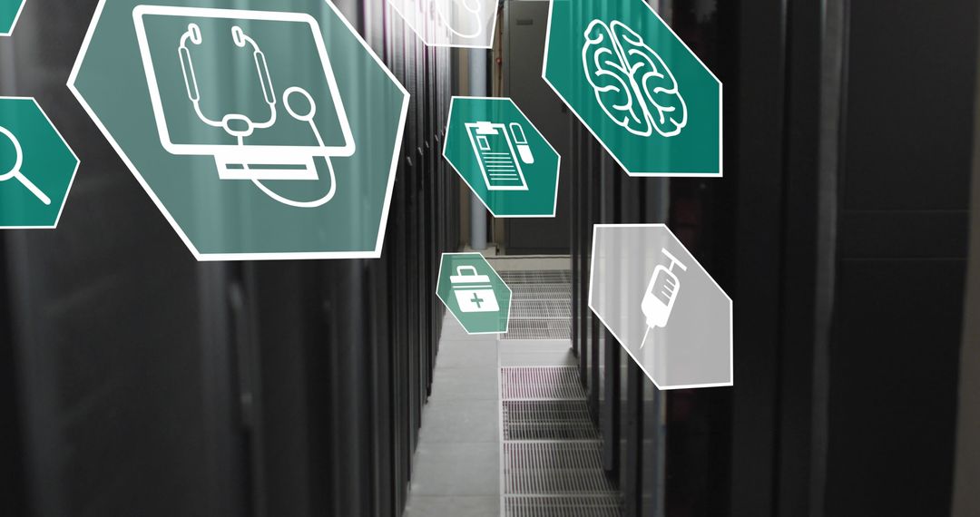 Medical Icons Overlaying Server Room for Data Technology Research