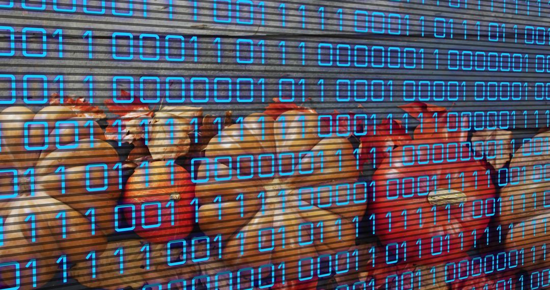 Vintage ceramic chicken ornaments with blue binary code overlay on metal shutter