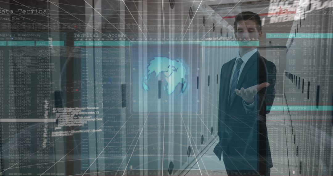 Businessman Networking Data Connection in High-Tech Server Room