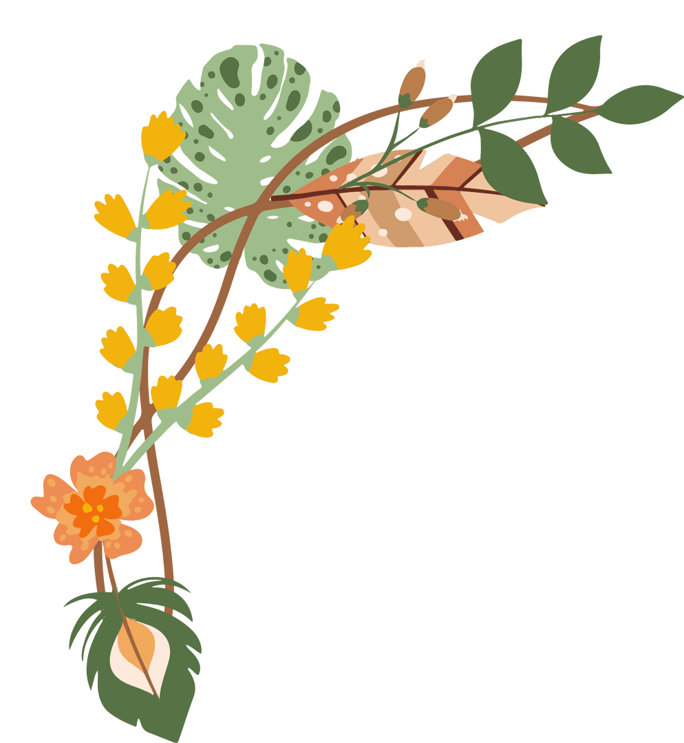Stylized Floral Corner with Monstera Leaf on Transparent Background