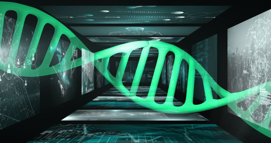 Futuristic Glowing DNA Helix in Digital Data Tunnel