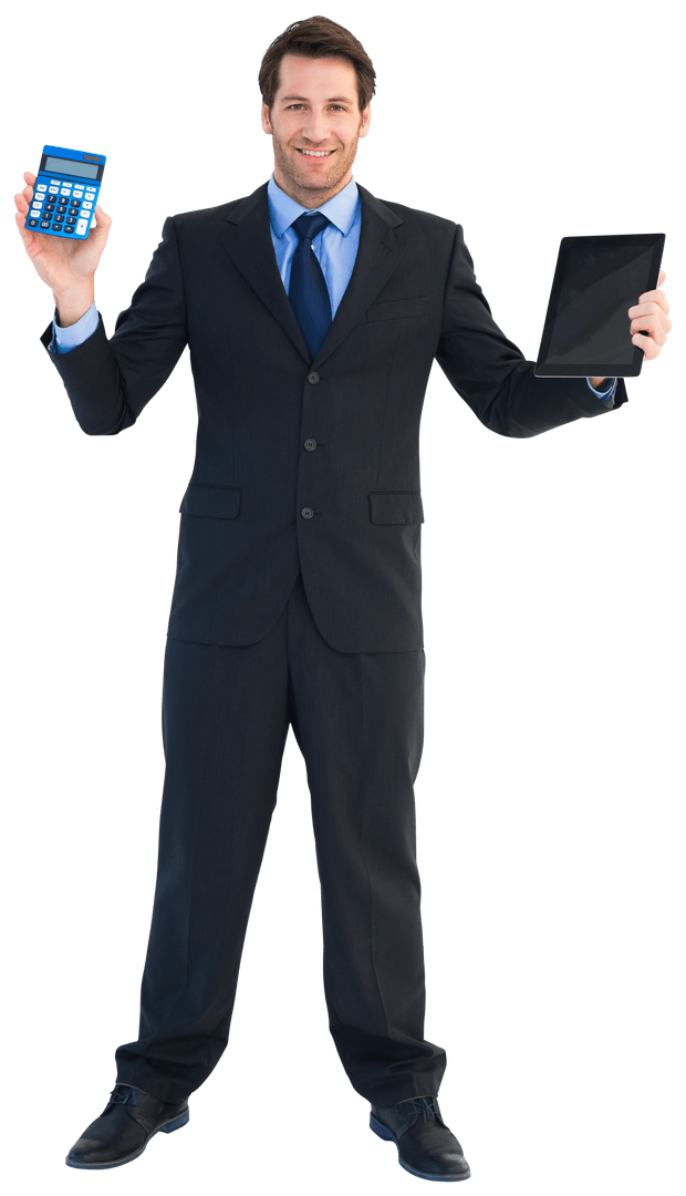 Transparent Smiling Businessman Holding Tablet and Calculator