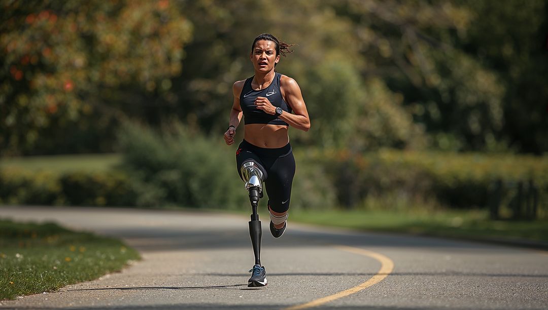 Paralympic Athlete Sprinting on Park Path with Running Blade