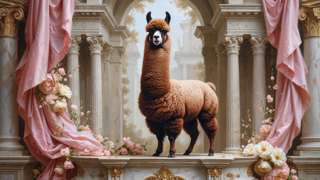 Majestic brown llama in elegant classical setting with drapery