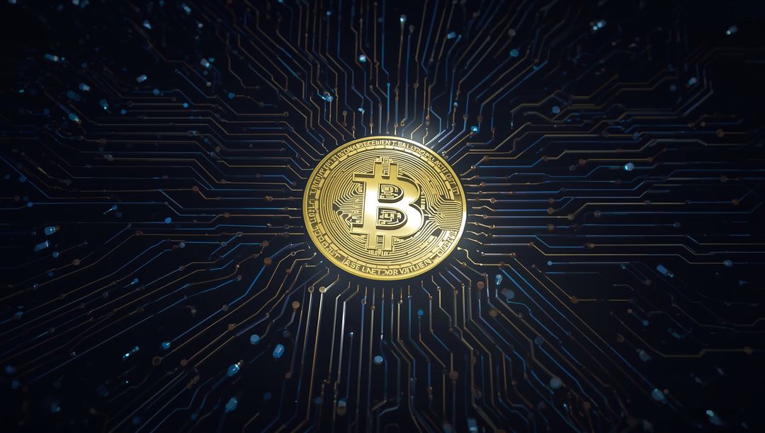 Golden Bitcoin on Futuristic Digital Circuit Board Design