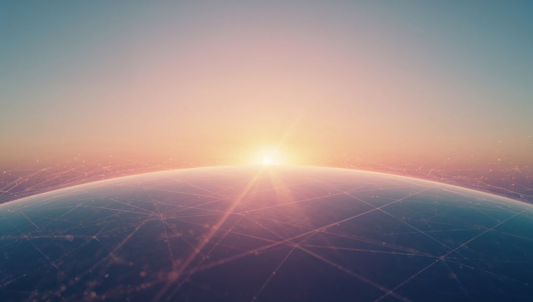 Sunrise Over Digital Earth Horizon with Network Mesh and Glowing Nodes for Global Connectivity