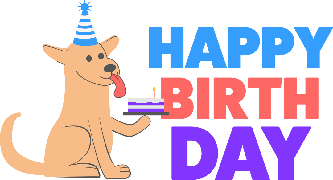 Cheerful Dog in Party Hat with Cake on Transparent Background