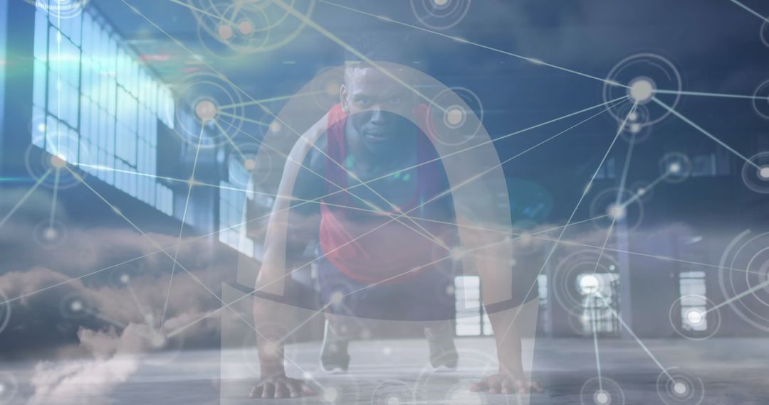 Double Exposure of Man Exercise and Digital Network Concepts
