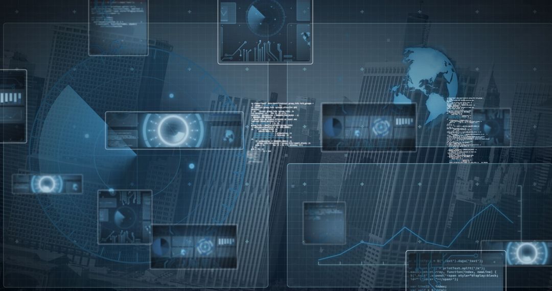 Futuristic Digital Interface with Data Screens Over Cityscape