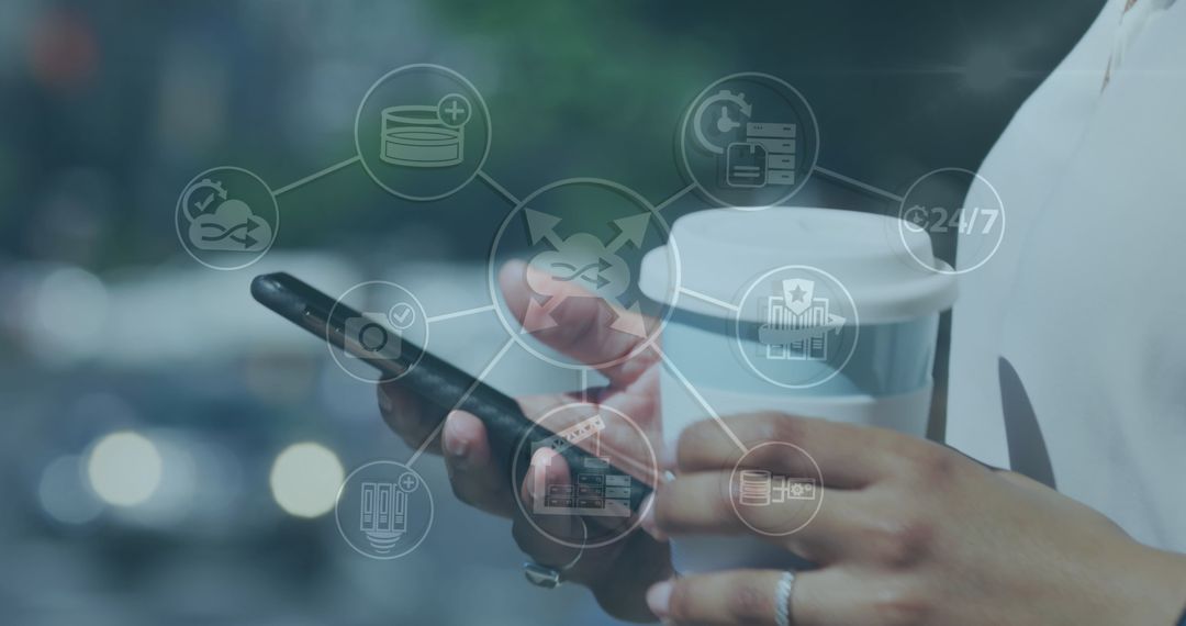 Network of Digital Icons with Woman Using Smartphone Outdoors