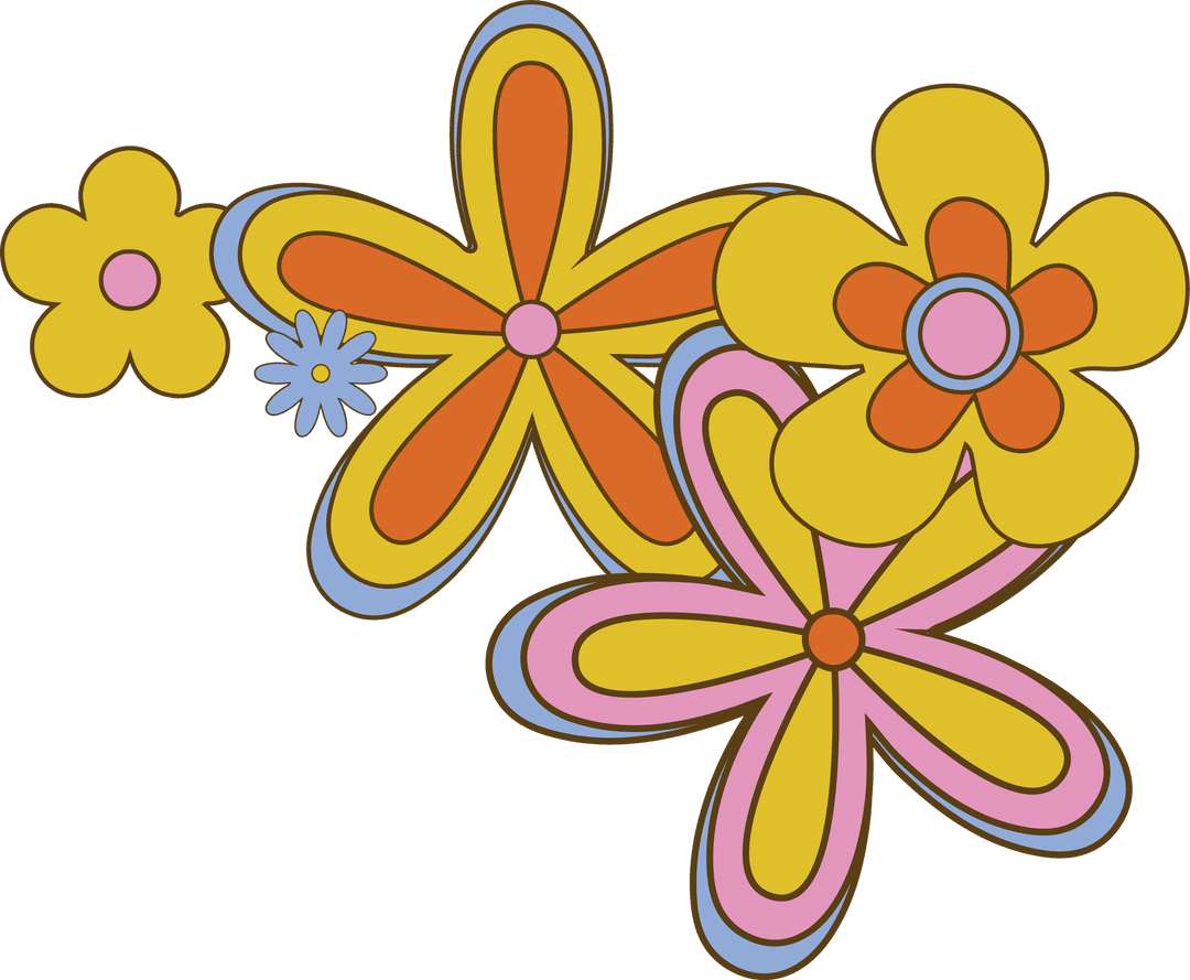 Retro Cartoon Flowers on Transparent Background with Copy Space
