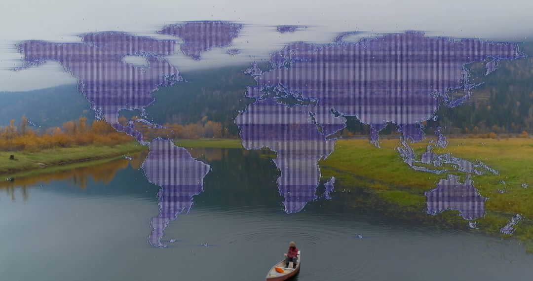 Paddling Canoe Under Purple World Map Overlay