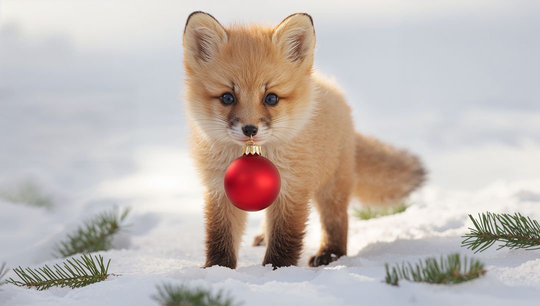 Red Fox Kit Holding Red Christmas Bauble in Snowy Forest, Winter Wildlife Scene