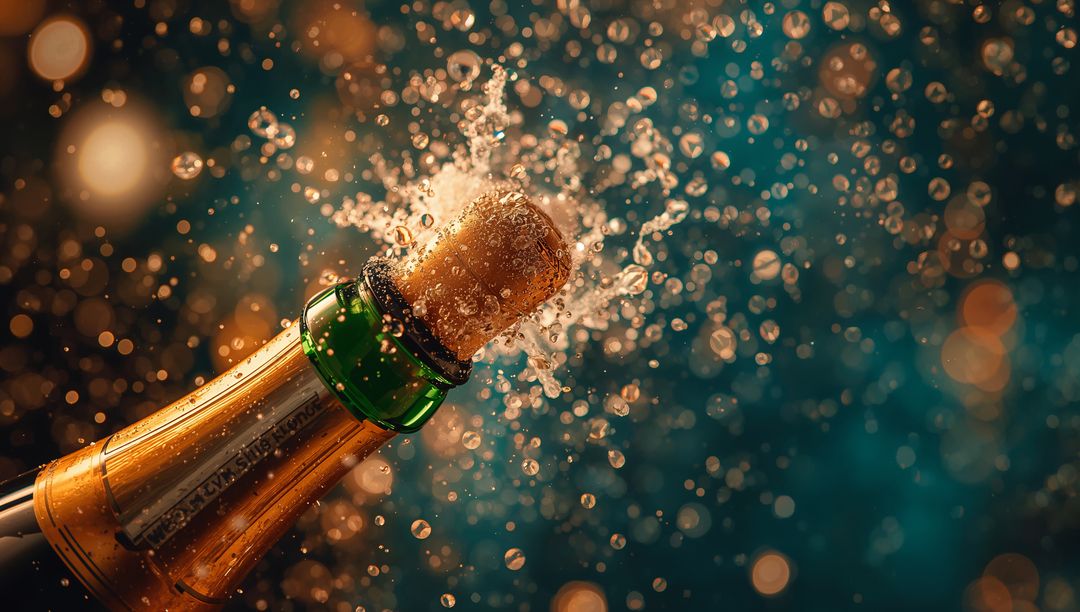 Champagne Cork Flying with Bubbles and Droplets in Festive Atmosphere
