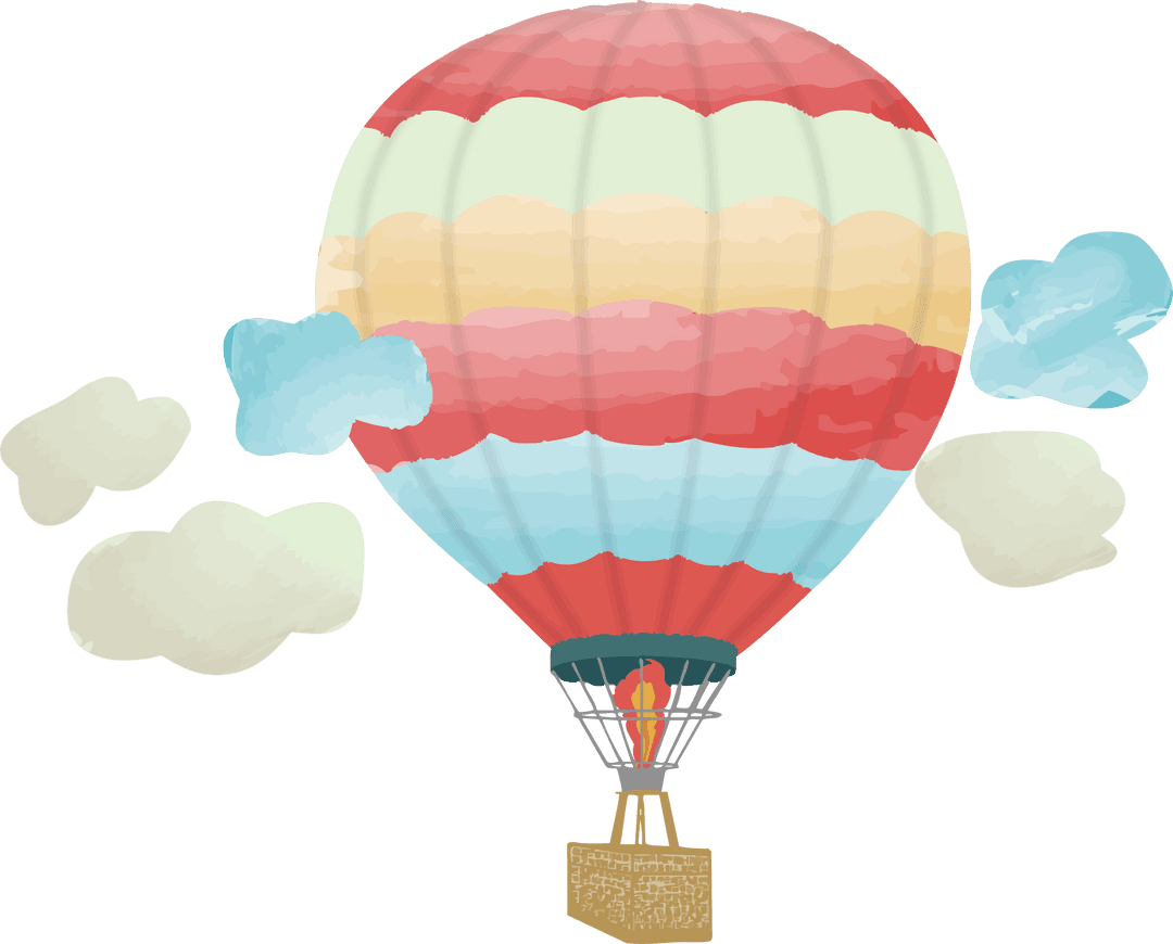 Transparent Watercolor Hot Air Balloon in Flight with Basket